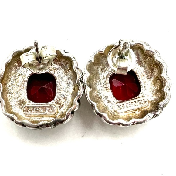 VINTAGE Sterling Silver Earrings ESPO JOSEPH ESPOSITO RED GLASS CABOCHON - Picture 7 of 8
